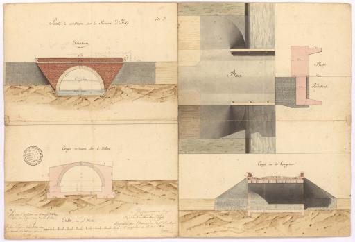 Dessin du pont Boileau à construire, pièce n° 6 : plan au sol, élévation, coupe / Signé par : Fresnel, ingénieur ; Duvivier, ingénieur.